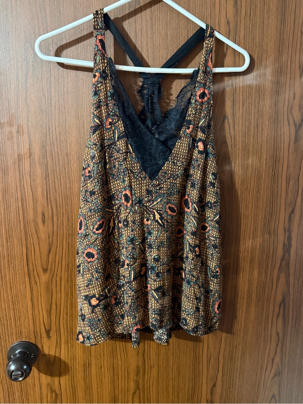 gimmicks by BKE Black Lace-Trim Floral Cami with Brown & Orange Print